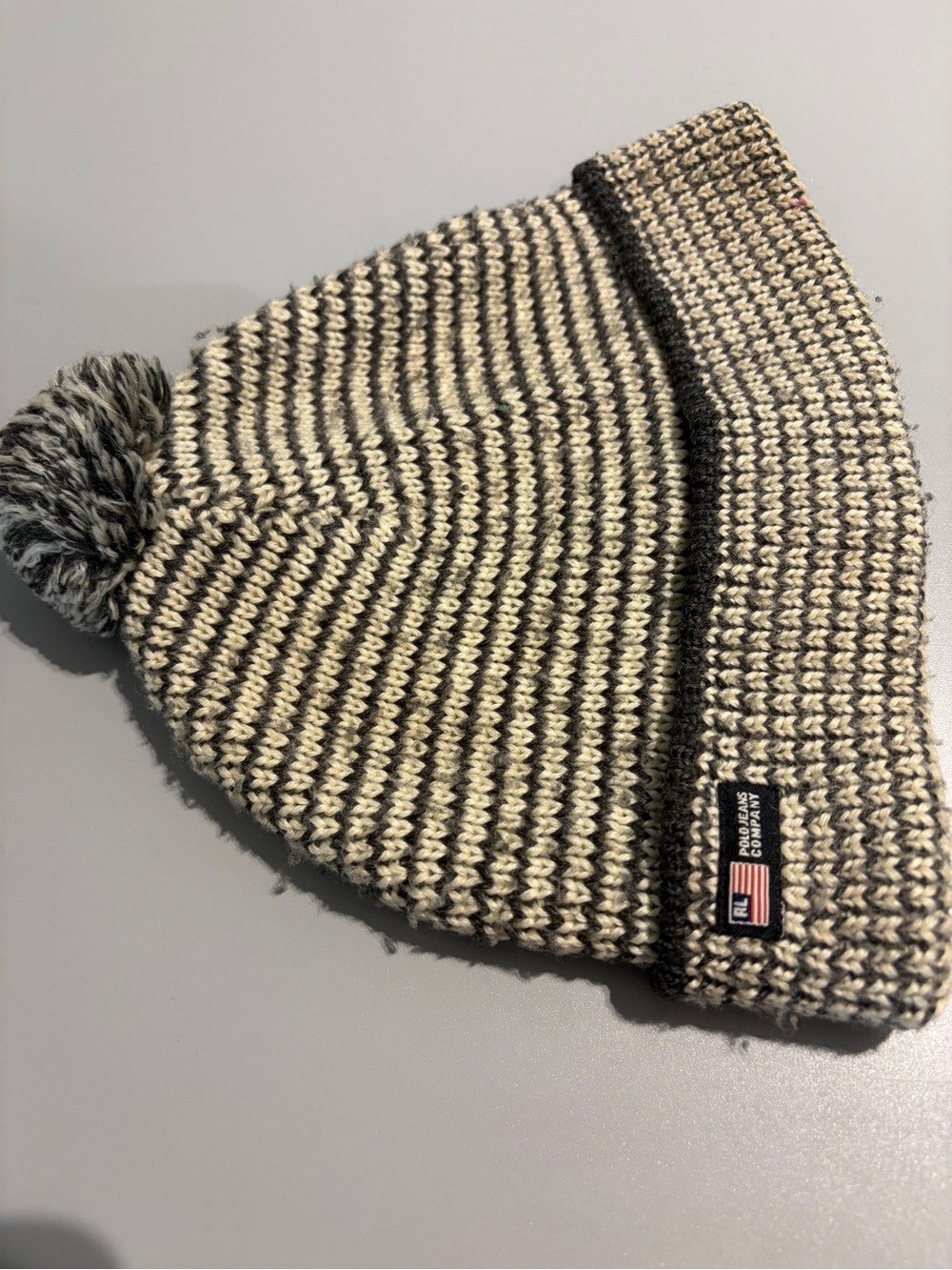 Polo by Ralph Lauren Cream & Black Striped Knit Pom Hat